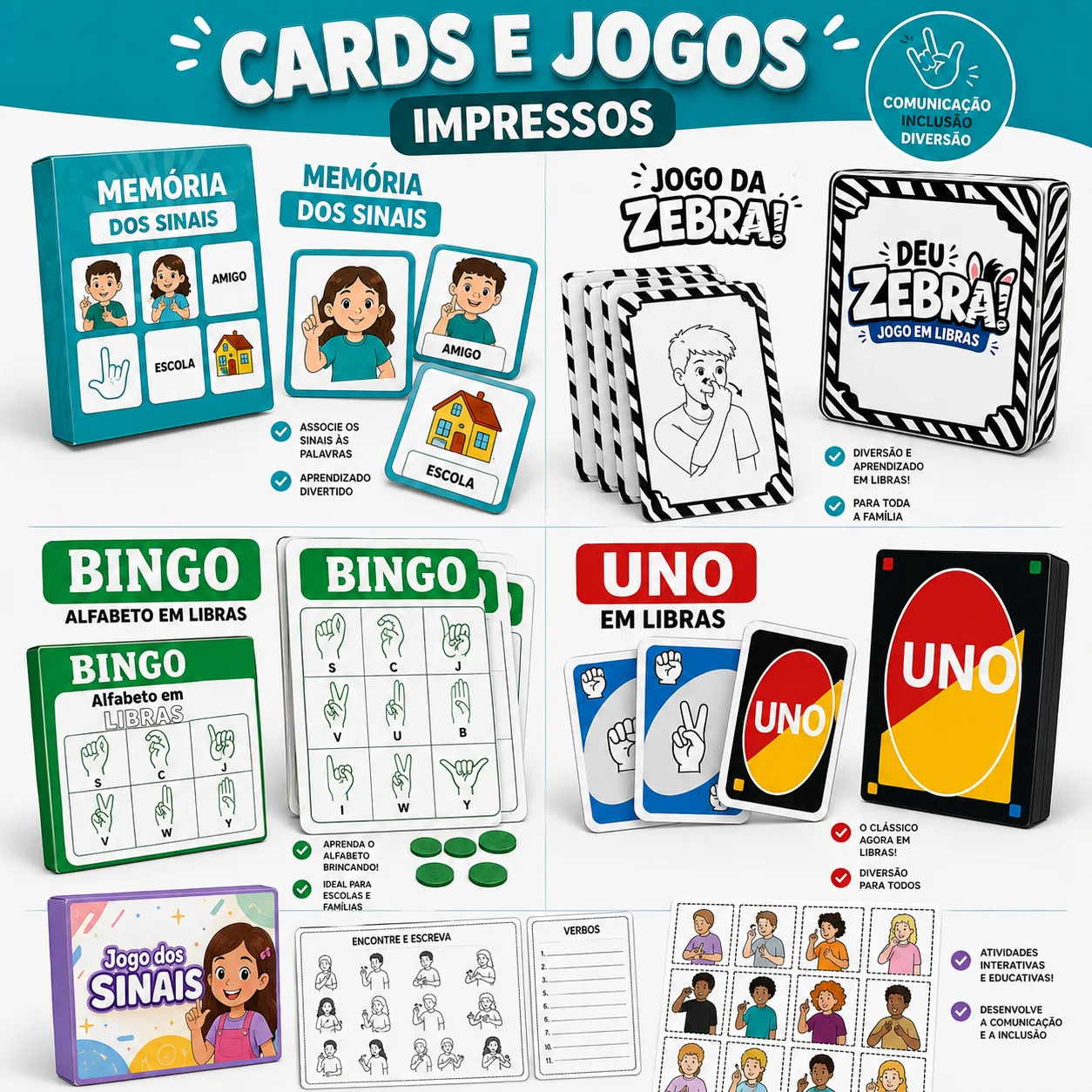 Mockup dos cards, jogos e atividades em Libras prontos para imprimir
